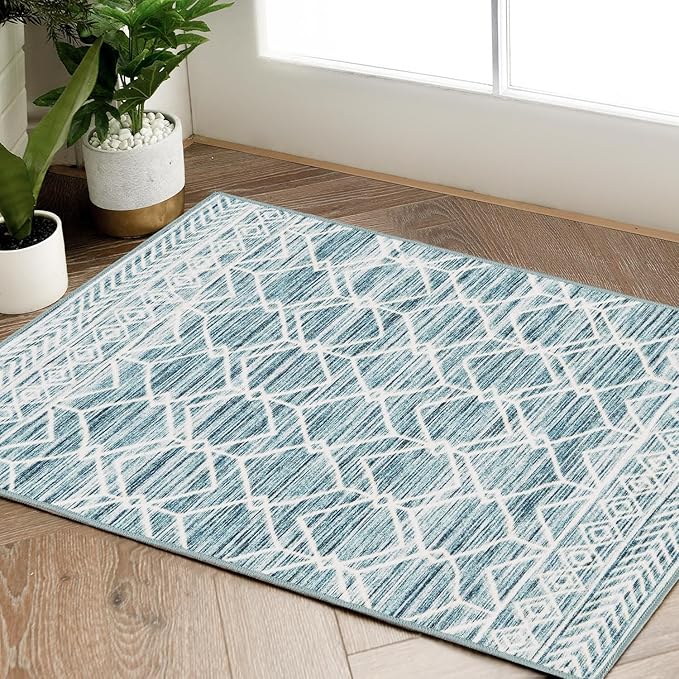 jinchan Washable Boho Area Rug 2x3 Entryway Moroccan Rug Low-Pile Geometric Rug Stain Resistant Non-Slip Ultra-Thin Carpet for Kitchen Bedroom Farmhouse Bathroom Doorway Teal Blue
