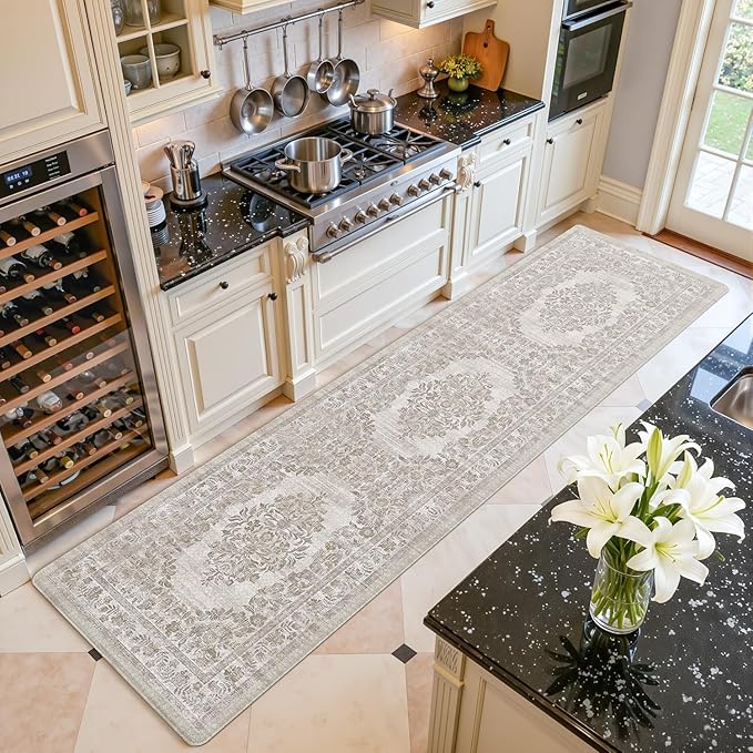 Color&Geometry Anti Fatigue Kitchen Mats for Floor 24x87, Vintage Decor, Easy Clean, Waterproof & Oil Proof, 0.4" Thick Cushioned, Non-Slip Kitchen Runner Rug for Sink, Laundry, Office, Khaki