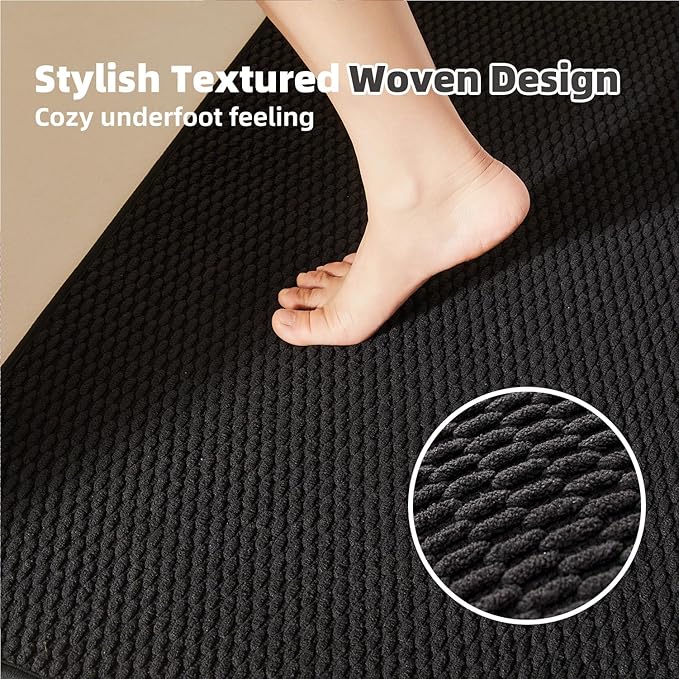 Black Bathroom Rugs Non Slip Washable, Super Absorbent Thin Bath Mat Quick Dry Low Pile Bathroom Rug, Black 24''x47''