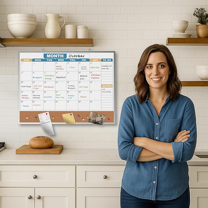 Monthly Calendar Dry Erase Board 24x18 Inch, Double-Sided Whiteboard and Corkboard Combo with Silver Aluminum Frame (Color Calendar), Wall Mounted Planner with Marker, Magnet, Push Pin, Eraser