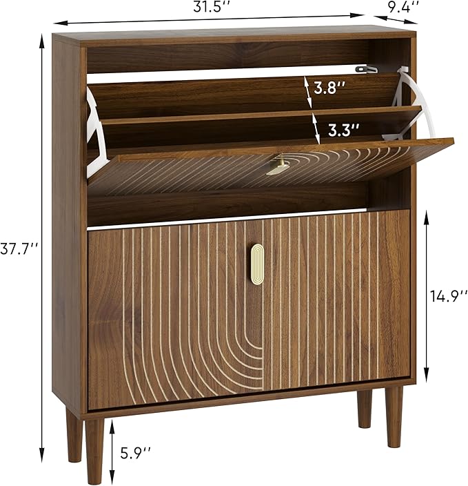 Smuxee Shoe Cabinet with 2 Flip Drawers, 31.5" Walnut Hidden Shoe Storage Cabinet with Line Groove Design, Freestanding Shoe Organizer Cabinet for Hallway, Entryway, Living Room