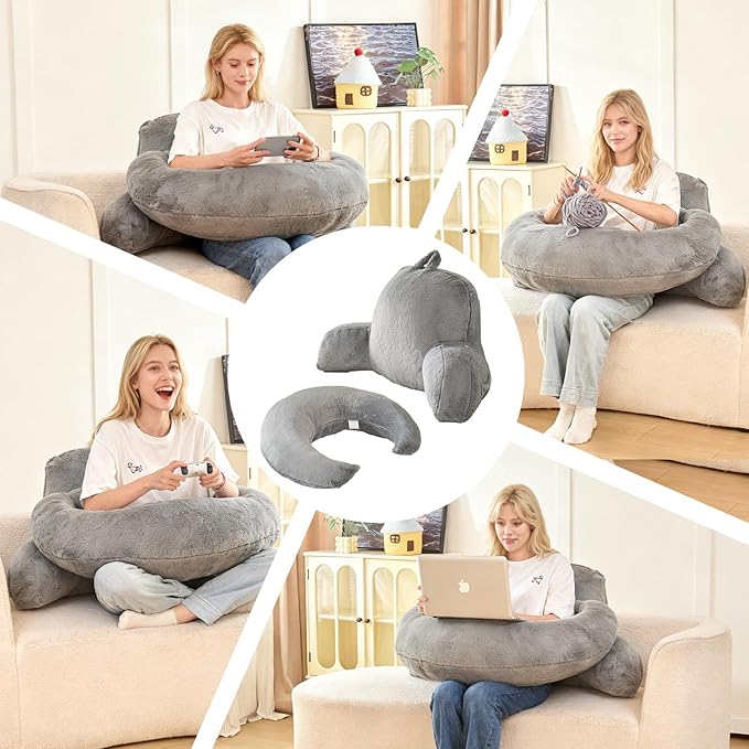 Reading Pillow for Bed,U Shaped & Back Support Pillow for Bed,17" Backrest with Lumbar & Arm Support,Luxurious Faux Rabbit Fur,Gaming PillowFor Crochet/Reading/Watching TV,Gray