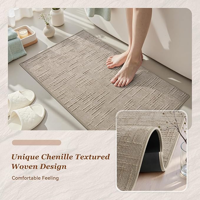 AMOAMI Bath Mat Non Slip Super Absorbent Quick Dry Bath Mats for Bathroom Floor Rubber Backing Washable Bathroom Rugs Modern Woven Jacquard Mat, Beside Tub Bath Rugs, 2' x 5', Brown