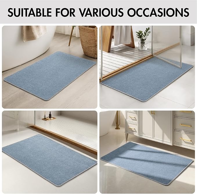 MIULEE Set of 2 Ultra Thin Bathroom Rugs, Rubber Bath Mats for Bathroom Non Slip, Quick Dry Absorbent Bath Rug Machine Washable, Fit Under Door, Shower, Sink, Home Decor, Blue, 24x36 Inch
