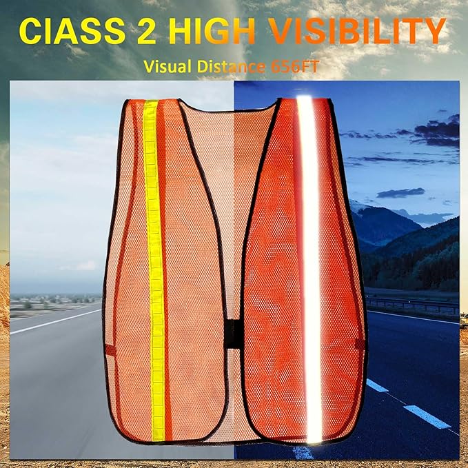 Haysandy 50 Pcs High Visibility Reflective Safety Vest Construction Vest Strips Neon Mesh Universal Size for Men Outdoor (Neon Orange)