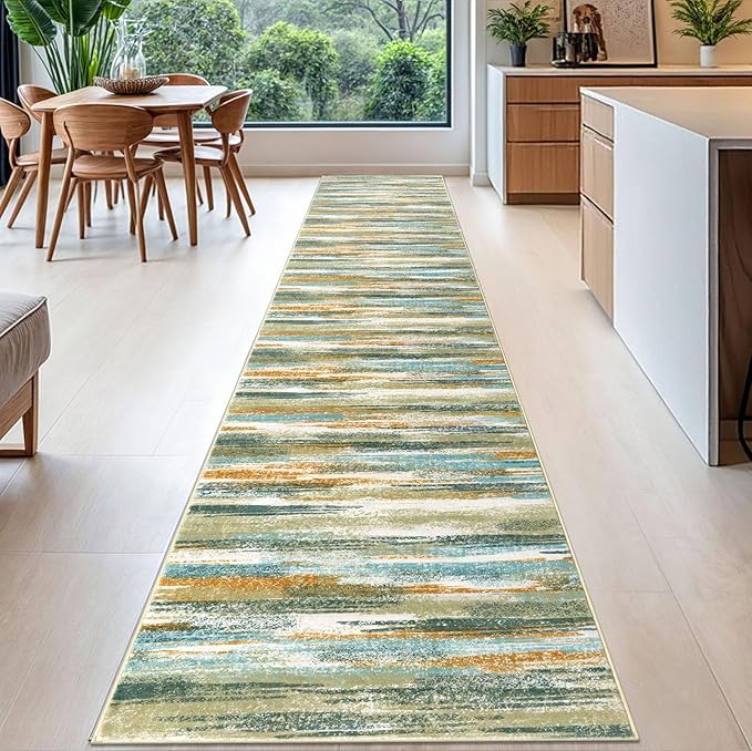 Modern Abstract Runner Rug 2.6x16, Green Mustard Multi Washable Long Kitchen Runner Non-Slip Soft Hallway Rug Runner Thin Print Faux Wool Carpet for Entryway Bedroom Laundry Room Indoor