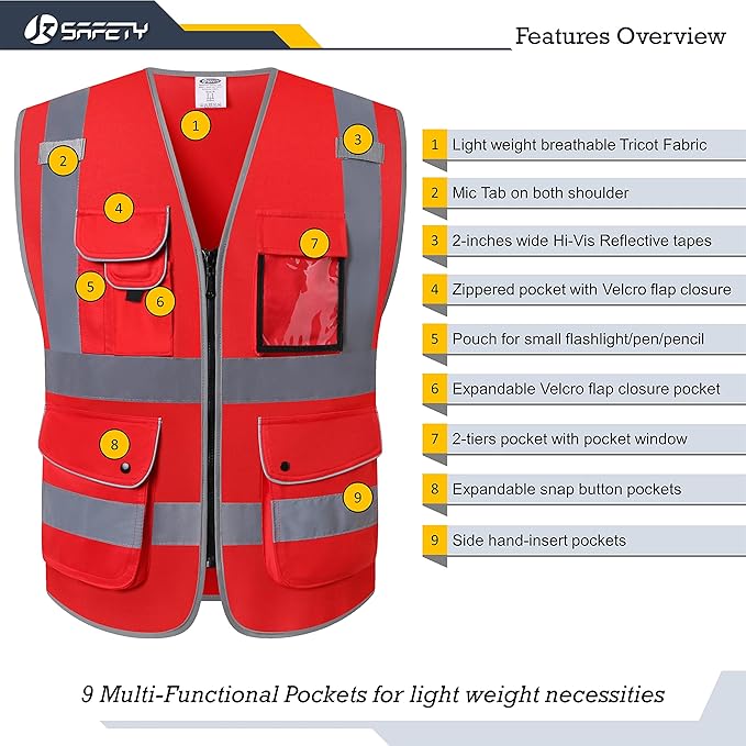JKSafety 9 Pockets High Visibility Zipper Front Safety Vest With Reflective Strips,Meets ANSI/ISEA Standard (XX-Large, 150-Red)
