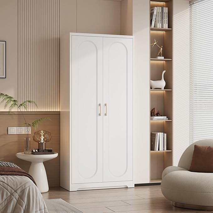 Metal Armoire Wardrobe Closet for Hanging Clothes, 71" Tall Wardrobe Cabinet with Hanging Rod, Large Freestanding Wardrobes Closet with Doors and Shelves for Bedroom, Office, Gym, School, White
