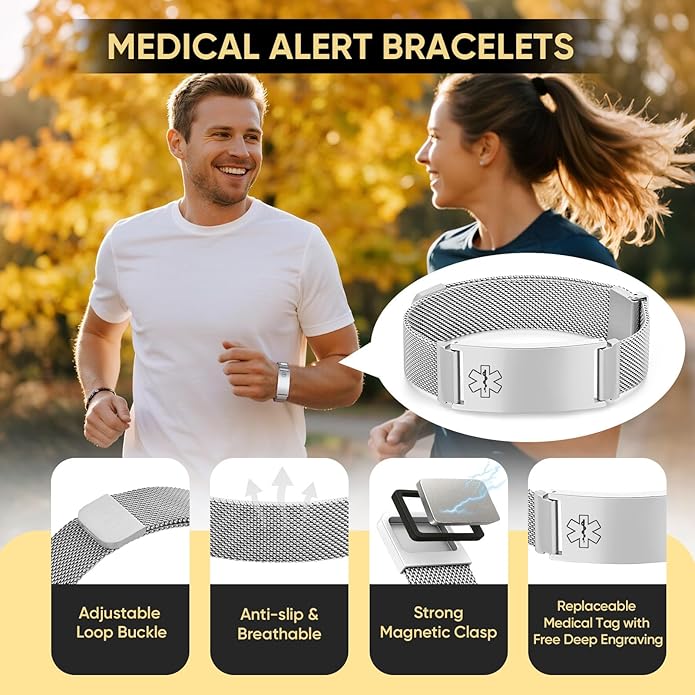 VNOX Medical Alert Id Bracelet for Men Women, Custom Engraving Adjustable Stainless Steel Customizable Mesh Emergency Survival Medic Bracelets Wristband Loop Band with Replacement Tag