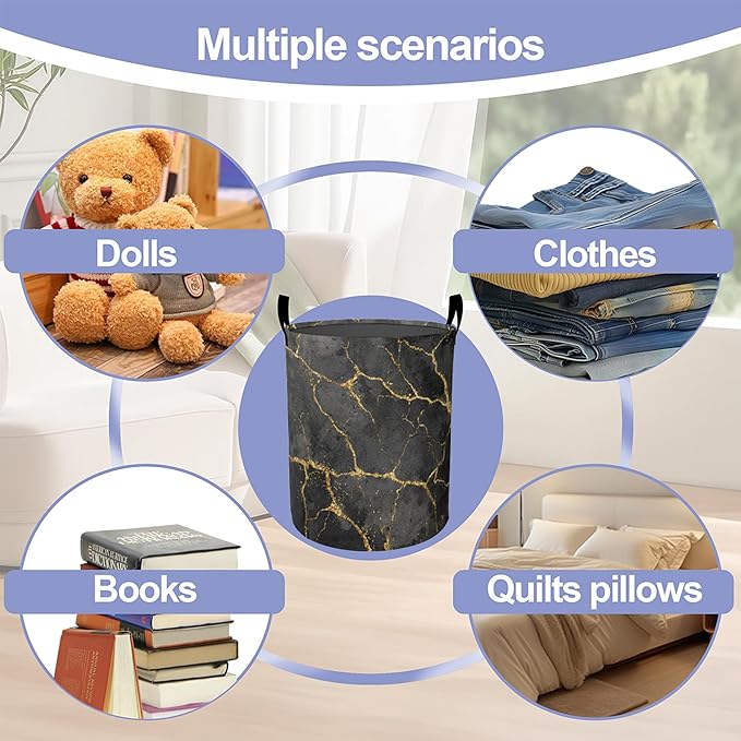 Laundry Basket,Black Gold Marble Large Canvas Fabric Lightweight Storage Hamper Organizer Dirty Clothes Collapsible Waterproof for College Dorms,Bathroom