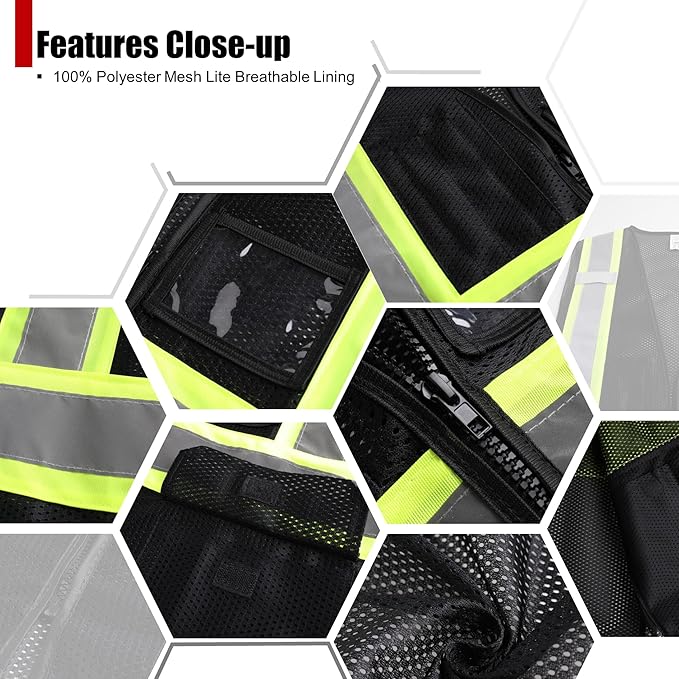 Reflective Safety Vest for Men Women Hi Vis Vest with Pockets High Visibility Vest Mesh Construction Vests Meets ANSI/ISEA Standards (Black-33, Large)