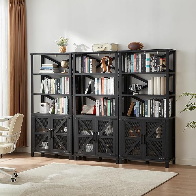 5 Tier Bookshelf 70" Tall Bookcase with Barn Doors,Large Farmhouse Display Book Shelf with Adjustable Shelves and Storage Cabinet，Library Wood Bookshelves for Living Room,Kitchen,Antique Black