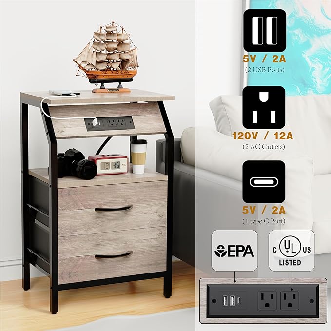 Storage End Table, Charging Nightstand with 2 Drawers, Small Fabric Dresser for Bedside, Wood and Metal Side Table for Living Room, Dorm, Grey Oak