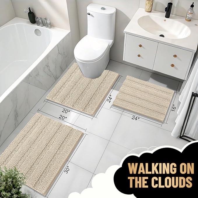 OLANLY Thick Bathroom Rugs 24x16, Extra Soft Absorbent Chenille Striped Bath Rugs, Rubber Backing, Machine Wash Dry, Bath Mats for Bathroom Floor, Tub and Shower, Home Decor Accessories, Sand
