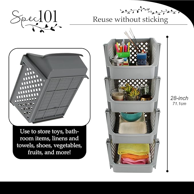 Stackable Plastic Bins - 4pc Gray Large Plastic Stackable Storage Bins 28in Tall Organizer for Home and Kitchen