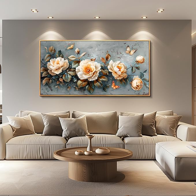 PHAOHUAXM Wall Art For Living Room Large Canvas Wall Decoration For Bedroom White Ink-Wash Flower Wood Frame Paintings Office Restaurant Room Mural Printing Artwork Ready To Hang Home Decor 24"X48"