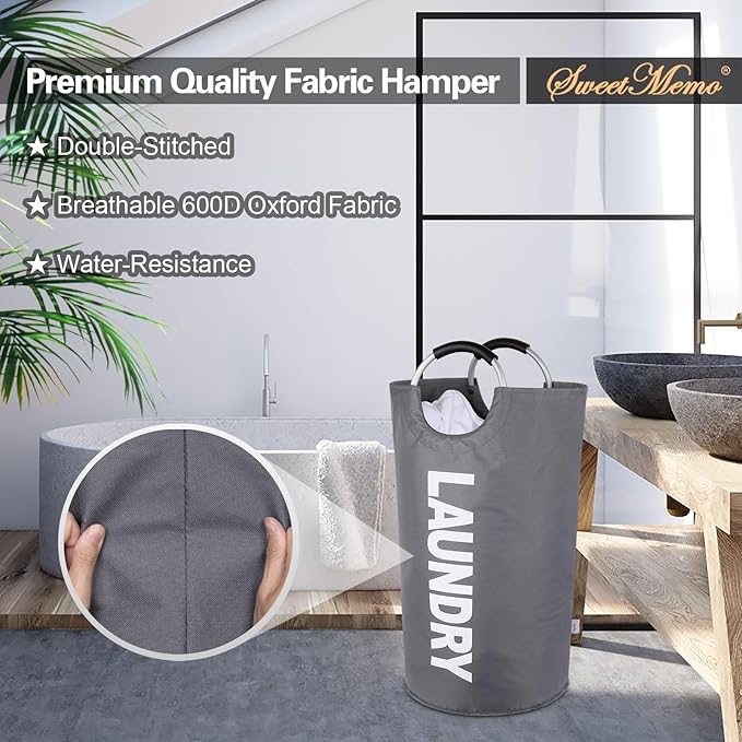 Large Laundry Basket Collapsible，Freestanding Clothes Hamper Bag with Handles – Tall Folding Dirty Laundry Bin，Sturdy Laundry Sorter for College Dorm，Laundry Room – 95L (Dark Grey)