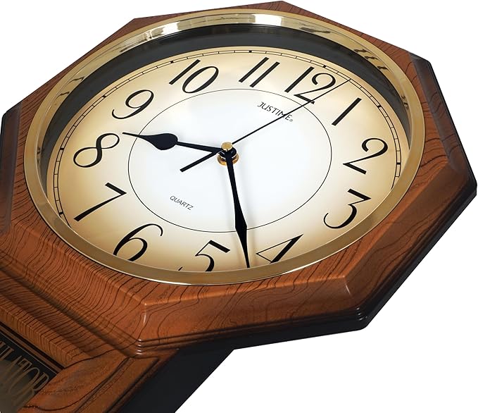 JUSTIME Traditional Schoolhouse Gradient Arabic Regulator Wall Clock, Chiming Wall Clocks with Pendulum & Westminster Chime Hourly, Schoolhouse Wall Decor Battery Operated (Light Wood Grain)