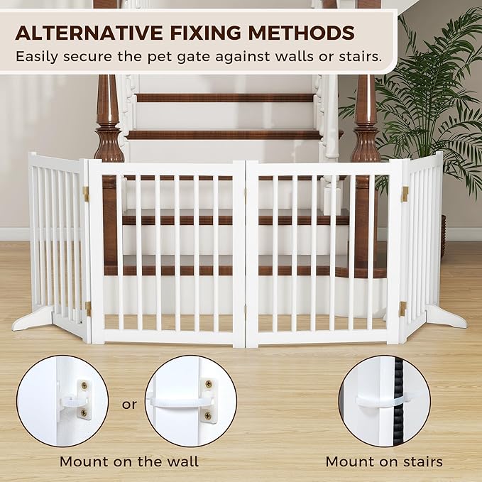 Solid Wood Freestanding Pet Gate - 4 Panels 24" - Folding Safety Fence with 2 Support Feet - Ideal for Stairs, Doorways, Halls, Kitchens - Indoor Wooden Dog Gate - White Color