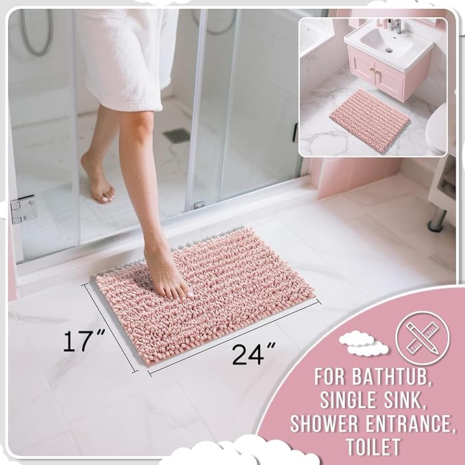 Yimobra Bathroom Rugs Non Slip Washable - Ultra Soft Absorbent Chenille Bath Mat, Quick Dry Shaggy Floor Carpet for Tub Shower, Light Pink Home Decor Accessories, 24x17 Inch