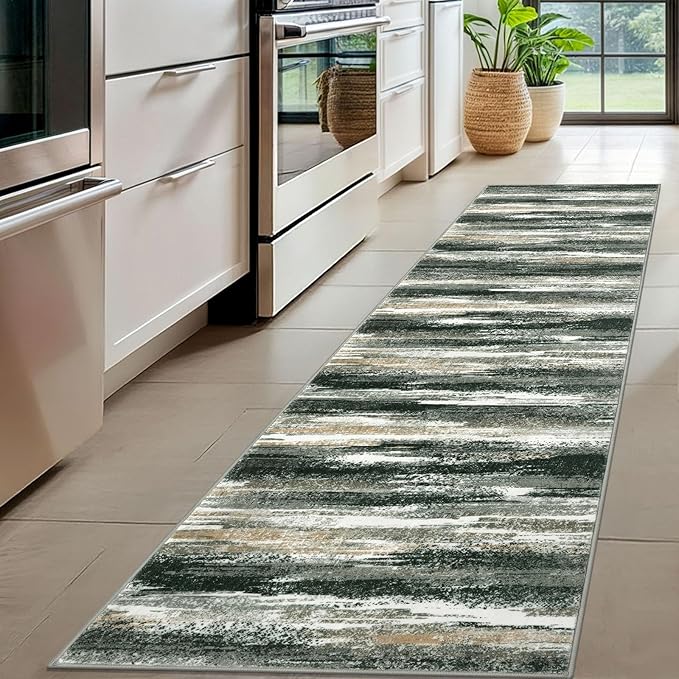 Modern Abstract Hallway Runner Rug, Forest Green Washable Kitchen Runner Non-Slip Soft 2x8 Runner Rug Thin Print Faux Wool Carpet for Entryway Bedroom Laundry Room Indoor