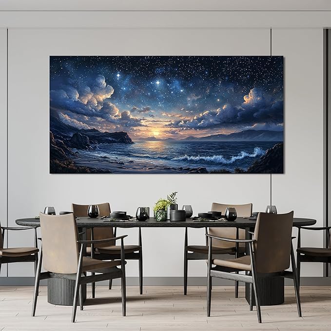 Canvas Wall Art Decor Large Wall Art Pictures for Living Room Landscape Coastal Wall Art Canvas Art Wall Decor Star Night Blue Artwork for Walls Prints Art Work for Room Office Home Wall Decor 29"x58"