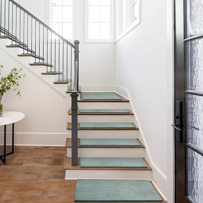 PURE ERA Carpet Stair Treads Ultra Plush 8 x 30 inch Soft Indoor Stair Protectors Pet-Friendly Non-Slip Skid Resistant Tape Free Washable Reusable(7 Pieces,Greenish Gray)