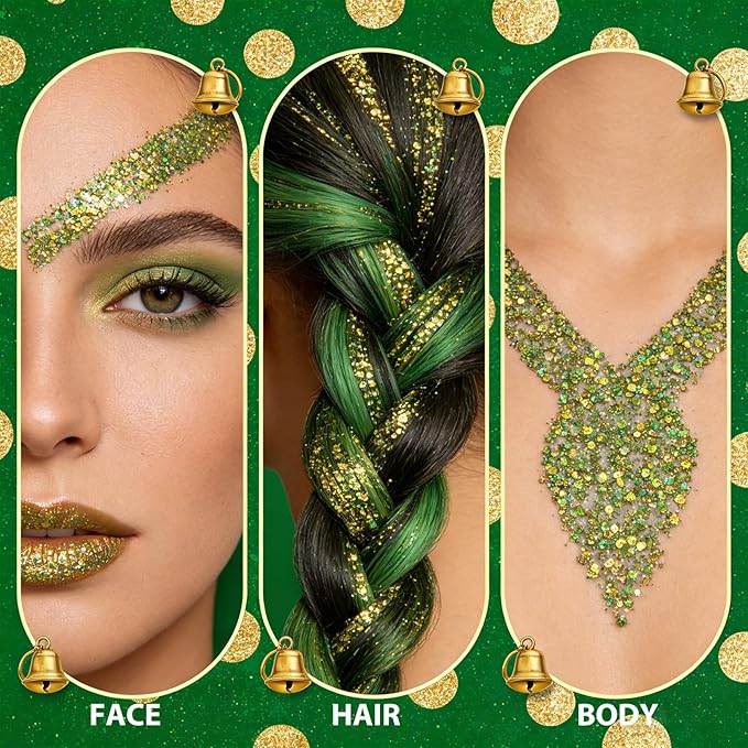 Mysense Chameleon Green Face Hair Body Glitter Stick,Mardi Gras Outfit for Women,Gold Green Glitter Makeup,St Patricks Day Accessories,Festival Party Rave Concert Sparkling Chunky Glitter