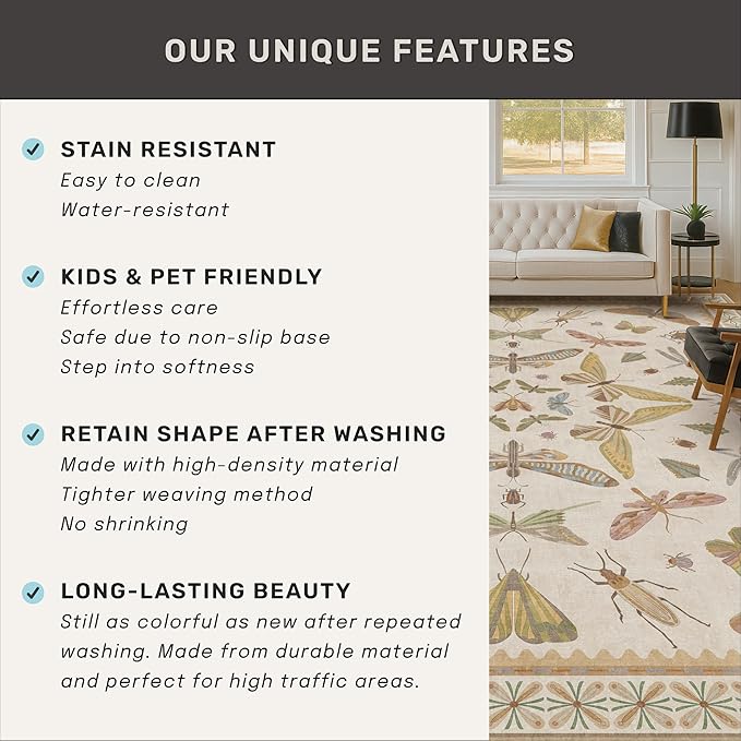 3x5 Washable Non-Slip Bathroom Rug, Colorful Insect Rug for Kids Room - Ultra Soft Low Pile Cottagecore Butterfly & Beetle Pattern for Nature-Inspired Home Décor