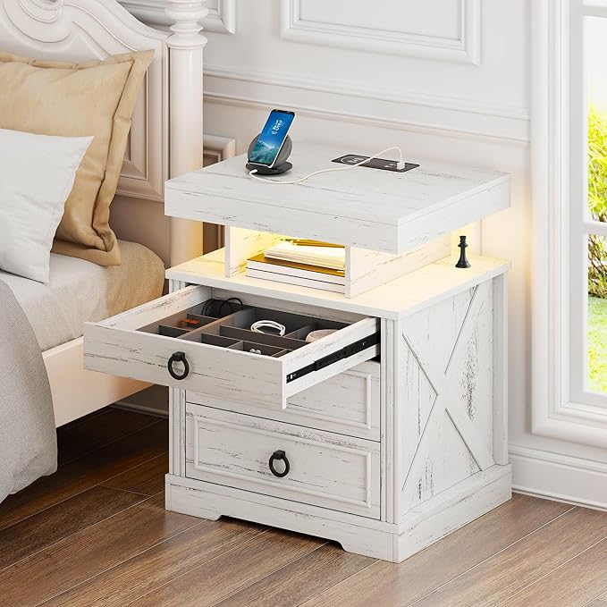 Gurexl Farmhouse Set of 2 Night Stand with Lockable Gun Drawer,LED Nightstand with Charging Station,Bedside Table with Human Sensor 3-Color Lights,End Table with 3 Drawers,Bedroom,White
