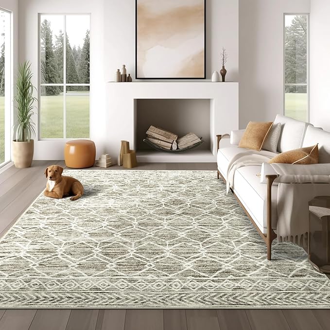 jinchan Moroccan 8x10 Area Rugs for Living Room - Machine Washable Modern Geometric Stain Resistant Ultra-Thin Low-Pile Large Rug Non-Slip Carpet for Bedroom Kitchen Dining Room (8x10ft,Taupe)