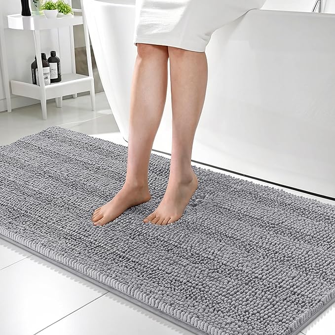 OLANLY Thick Bathroom Rugs 59x24, Extra Soft Absorbent Chenille Striped Bath Rugs, Rubber Backing, Machine Wash Dry, Bath Mats for Bathroom Floor, Tub and Shower, Home Decor Accessories, Grey
