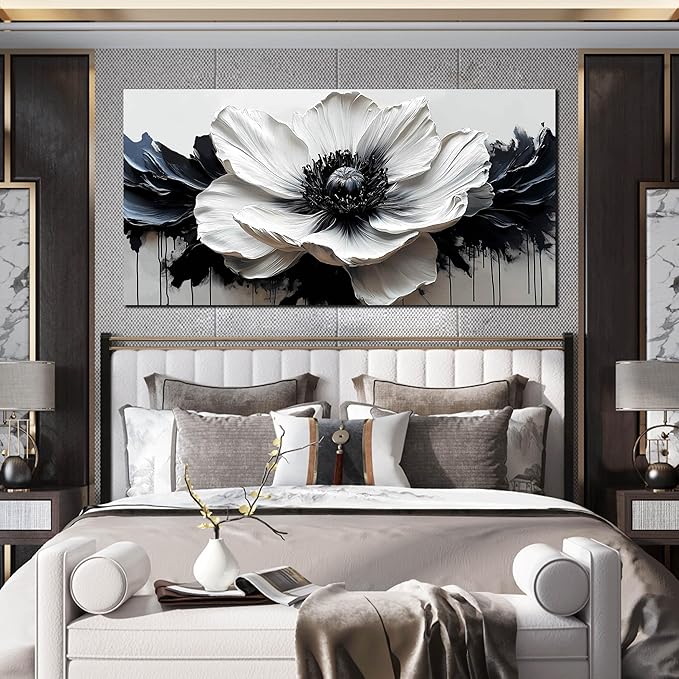 Black and White Flower Wall Art for Bedroom - Large Canvas Wall Art Living Room - Floral Wall Decor for Teen Girls Size 29" x 59"