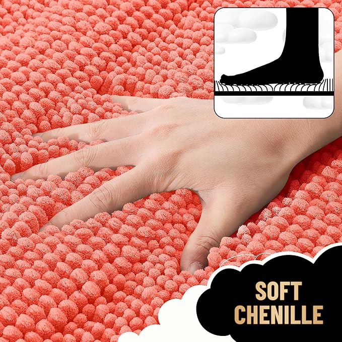 OLANLY Thick Bathroom Rugs 30x20, Extra Soft Absorbent Chenille Striped Bath Rugs, Rubber Backing, Machine Wash Dry, Bath Mats for Bathroom Floor, Tub and Shower, Home Decor Accessories, Coral