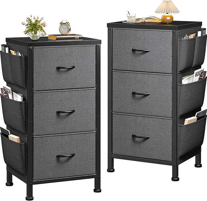 Night Stand Set 2, Night Stand with Drawers for Bedroom, Bedside Table with Wooden Top, Sturdy Steel Frame End Table, Dorm Nightstand for Bedroom, Entryway, Hallway, Closet, Cloth Bags, Hooks, Grey