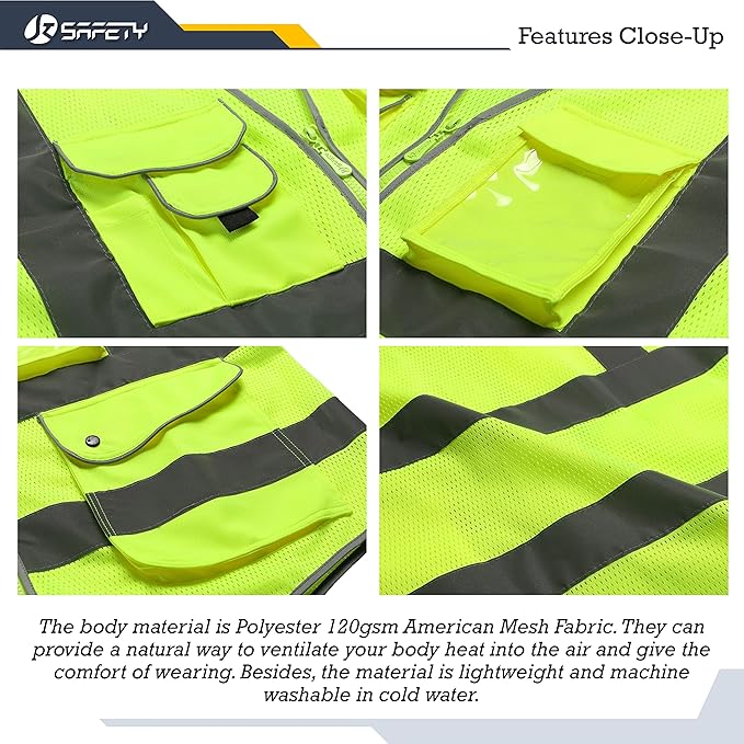 JKSafety 9 Pockets High Visibility Safety Vest for Men and Women, Hi-Vis Reflective Yellow Safety Vests with Zipper Front, Meet ANSI/ISEA Class 2 Type R(159-Yellow XXL)