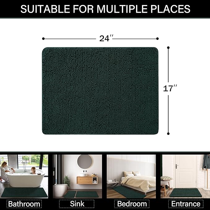 LOCHAS Luxury Bathroom Rug Shaggy Bath Mat 24 x 17 Inch, Washable Non Slip Bath Rugs for Bathroom Shower, Soft Plush Chenille Absorbent Carpets Mats, Hunter Green