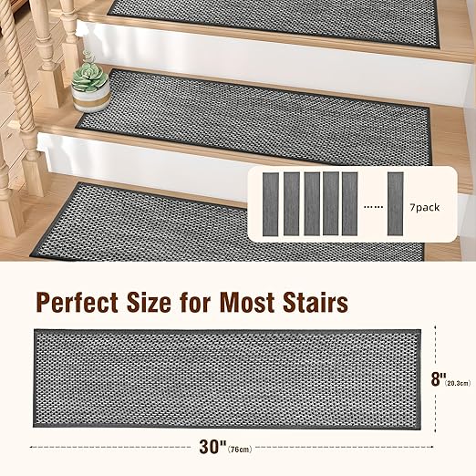 Deerly Carpet Stairs Runner Non Slip 7pcs Breathable Linen Stair Runner for Wooden Steps Peel and Stick Stair Treads Indoor Absorbent Staircase Covers Mat with Self-Adhesive Backing 8"X30" Black White