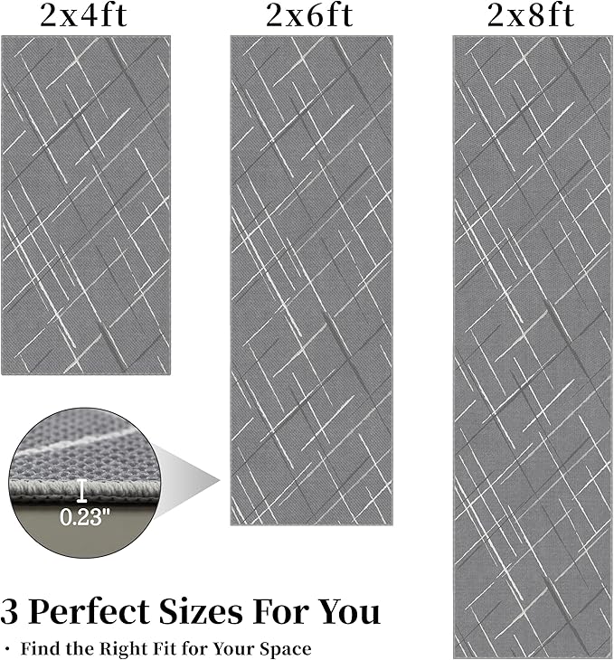 Gray Runner Rug Ultra Non-Slip 2x8 Washable Entryway Rug Modern Tear and Stain Resistance No Pile Hand-Woven Style Lightweight Runners for Hallways, Kitchen, Laundry Room, Bedside, Gray