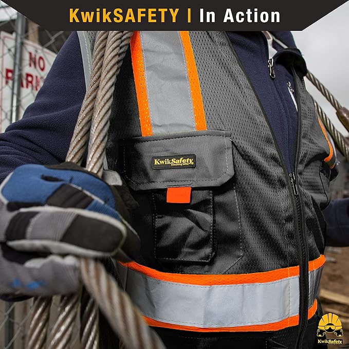 KwikSafety - Charlotte, NC - UNDERBOSS Safety Vest [11 POCKETS] Premium ANSI Class Unrated High Visibility Vest Construction Surveyor Reflective Vest Industrial Work Safety Vest for Men/Black XL