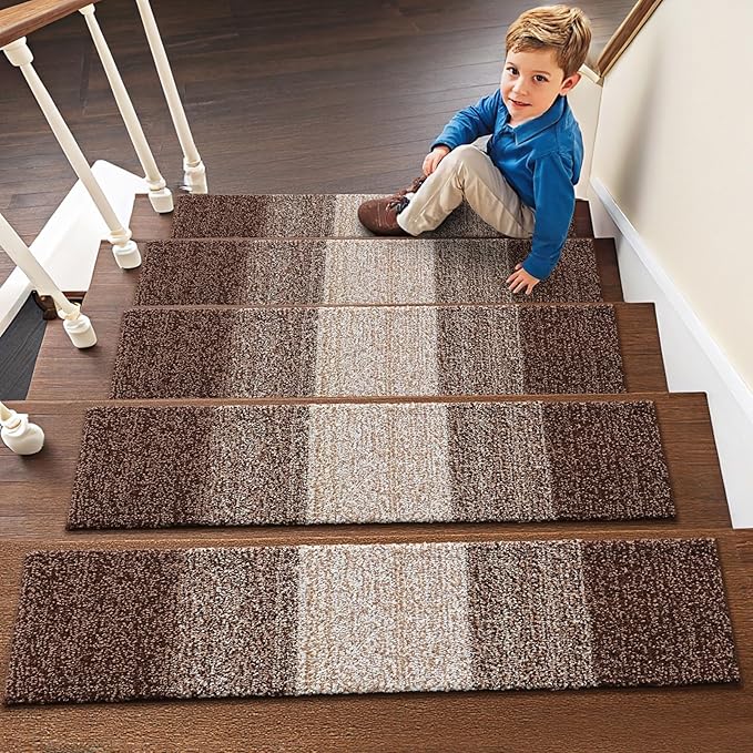 OLANLY Stair Treads Non Slip 15PCS, 8" x 30" Indoor Stair Runners for Wooden Steps, Edging Stair Rugs with Reusable Peel and Stick Adhesive for Kids Elders and Pets, Brown