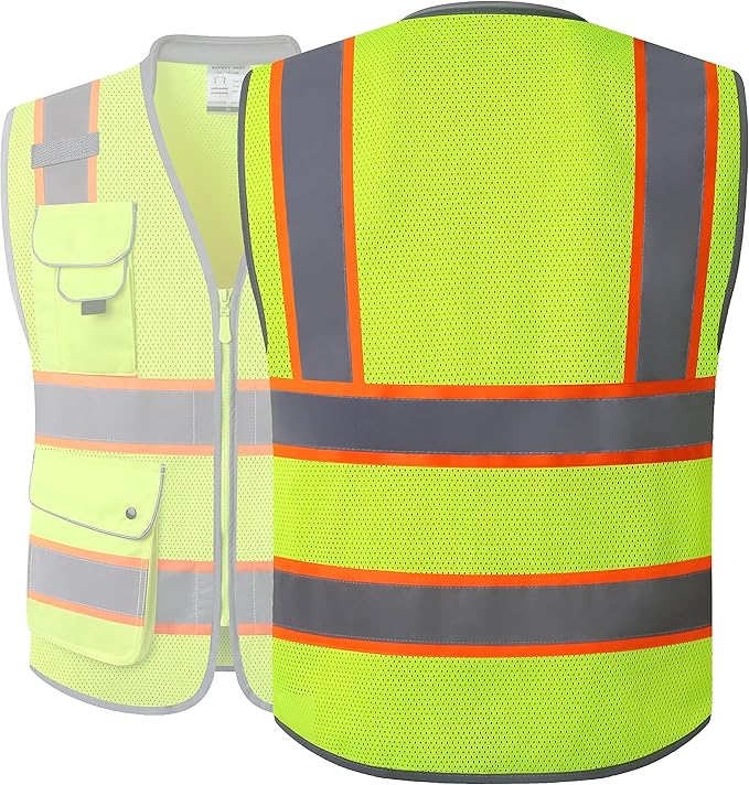 JKSafety 9 Pockets Hi-Vis Safety Vest Breathable Mesh Fabric Cushioned Collar Work Utility PPE Lightweight Industrial Work Gear ANSI/ISEA compliant (101-Yellow M)