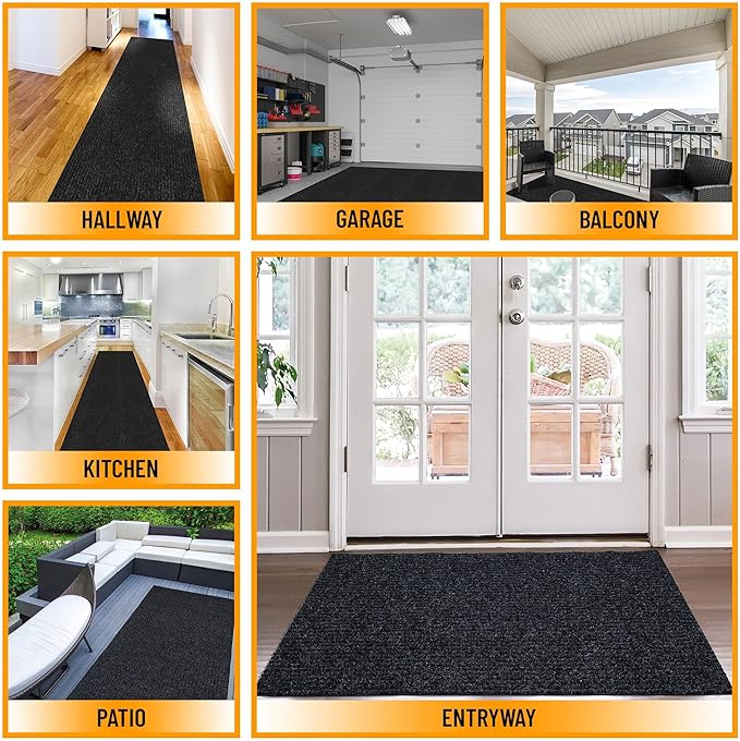 Ottomanson 3'11" x 49' Hallway Runner with Scraper Pile - Extra Durable Non-Slip Rug Mat for Indoor & Outdoor Use - Ideal for Kitchen, Entryway & Garage - High-Traffic Carpet, Black