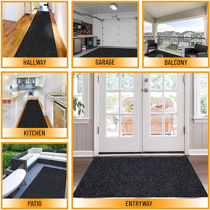 Ottomanson 2' x 31' Hallway Runner with Scraper Pile Extra Durable Non-Slip Rug Mat for Indoor & Outdoor Use - Ideal for Kitchen, Entryway, Patio & Garage - High-Traffic Carpet, Black