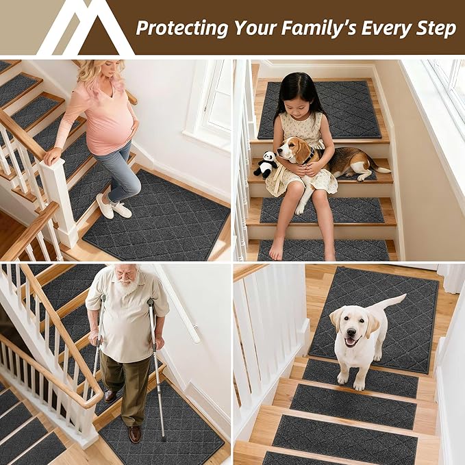 COSY HOMEER Edging Stair Treads Non-Slip Corner Indoor Stair Runners for Wooden Steps,Landing Slip Resistant Stair Rugs Mat for Kids and Dogs,100% Polyester TPE Backing,Black,30x30 inch