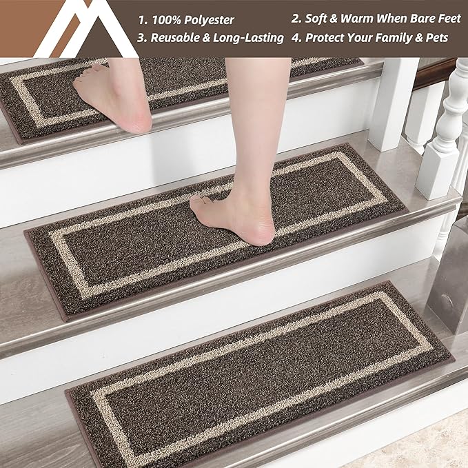 COSY HOMEER Soft Stair Treads Non-Slip Carpet Mat 28inX9in Indoor Stair Runners for Wooden Steps,Stair Rugs for Kids and Dogs, 100% Polyester TPE Backing 4pcs,Brown,Square