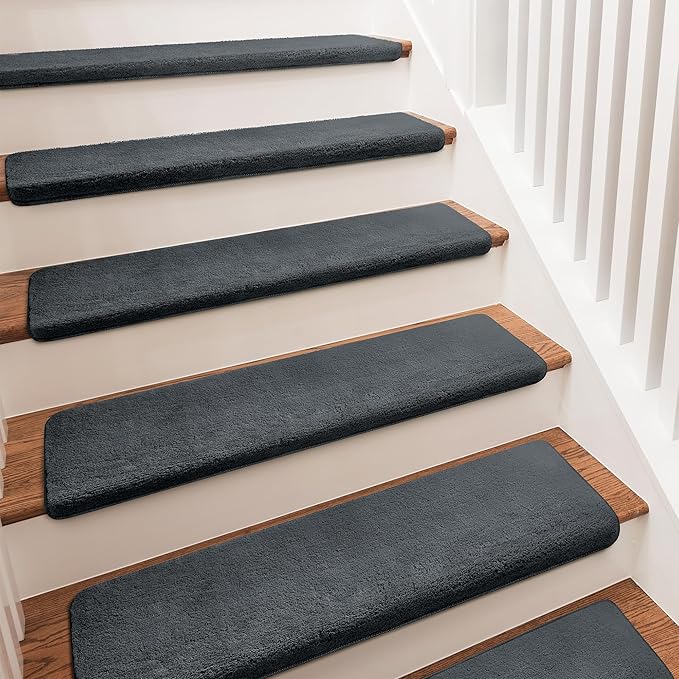 PURE ERA Carpet Stair Treads Ultra Plush 9.5" X 30"Soft Bullnose Indoor Stair Protectors Pet-Friendly Non-Slip Skid Resistant Tape Free Washable Reusable(7 Pieces,Dark Gray)