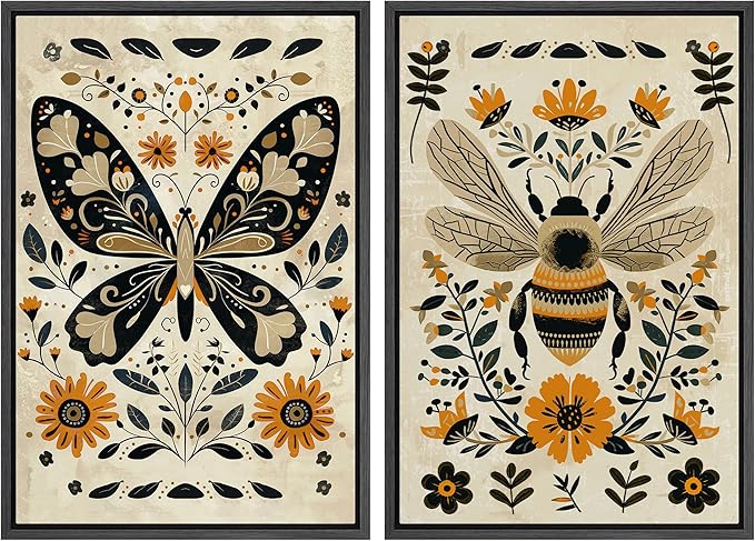 MUDECOR Framed Canvas Print Wall Art Set Butterfly Animals Botanical Bee llustrations Modern Art Decorative Bohemian Calm/Zen for Living Room, Bedroom, Office - 24"x36"x2 Black