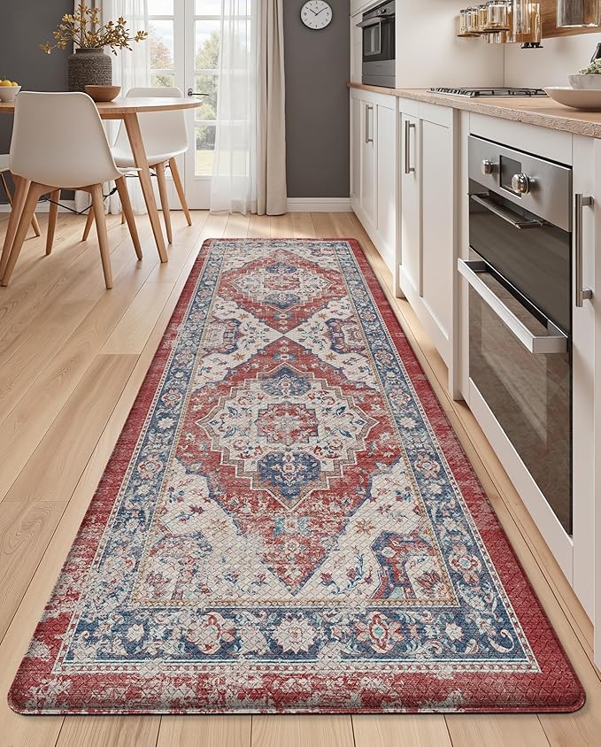 Color&Geometry Kitchen Floor Mats Anti Fatigue, Cushioned Boho Rugs,Waterproof Non Slip Kitchen Runner for Sink, Standing Mats for Office,24"x59",Red