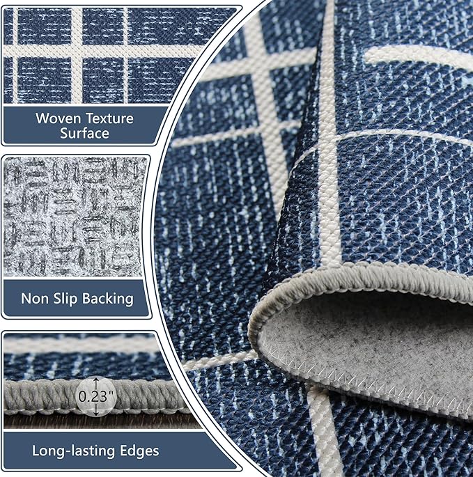 Washable Runner Rug 2x6, Blue Modern Distressed Stripe, Kitchen Runner Rug Non Slip, Woven Thin No Shed Runners for Entryway, Kitchen, Laundry Room- Blue